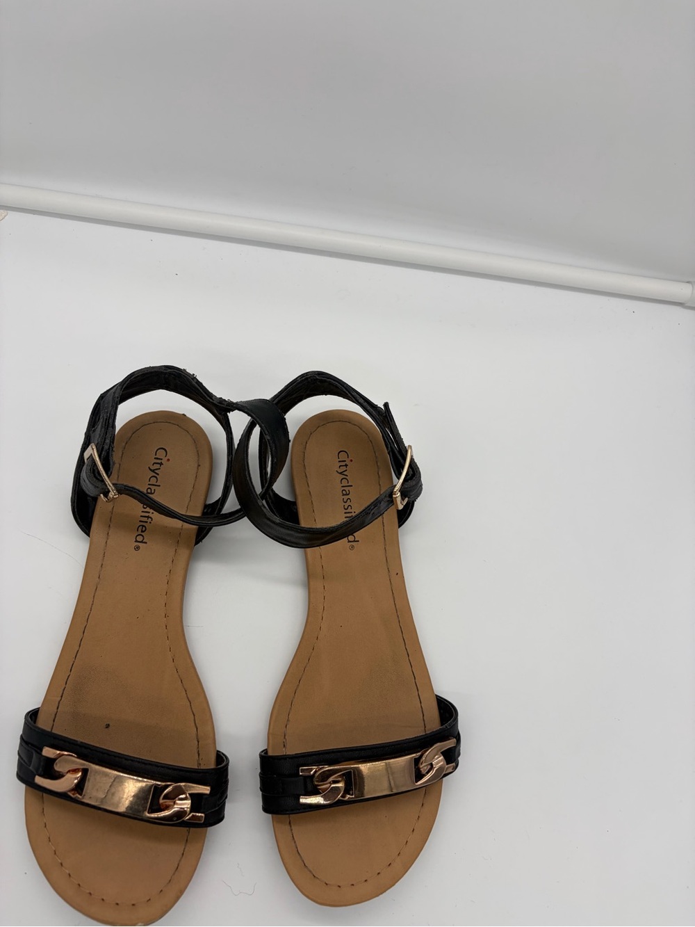 Cityclassified Black Sandals with Rose Gold Chain Detail